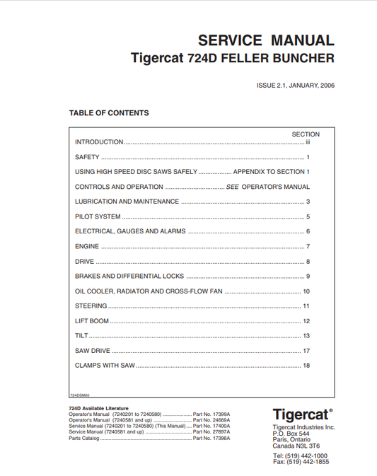 Tigercat 724D Feller Buncher Service Manual 17400A