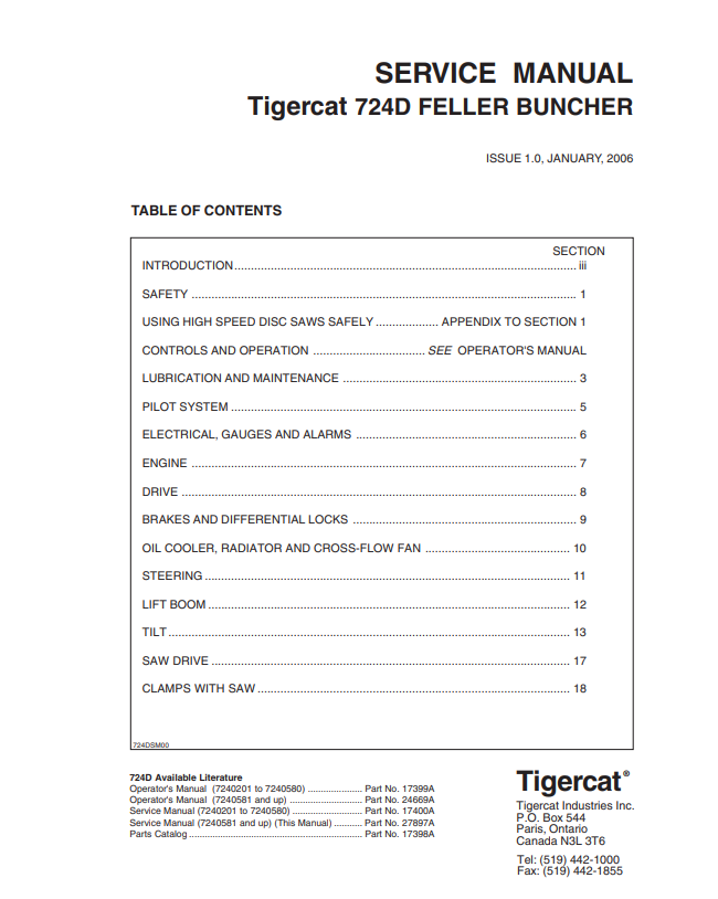 Tigercat 724D Feller Buncher Service Manual 27897A