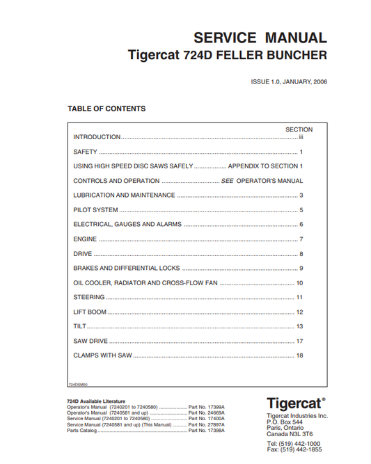 Tigercat 724D Feller Buncher Service Manual 27897A