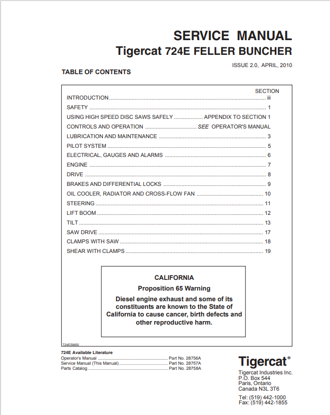 Tigercat 724E Feller Buncher Service Manual 28757A