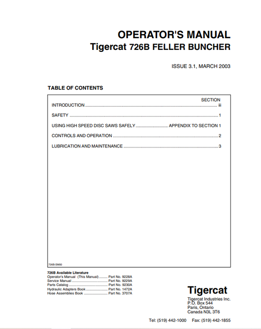 Tigercat 726B Feller Buncher Operator Manual 9228A