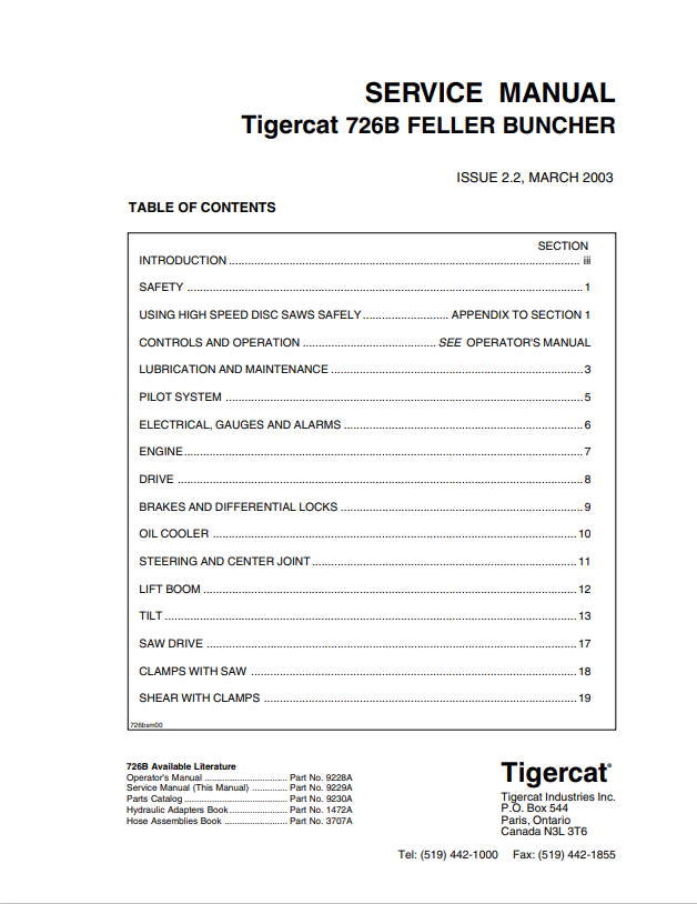 Tigercat 726B Feller Buncher Service Manual 9229A
