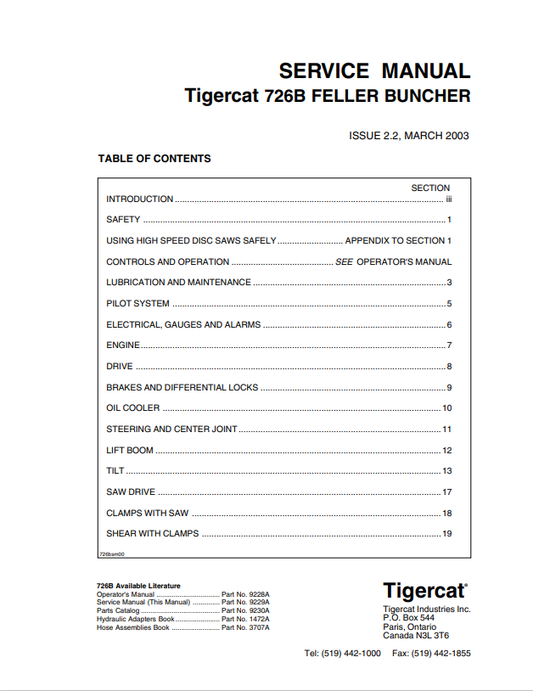 Tigercat 726B Feller Buncher Service Manual 9229A
