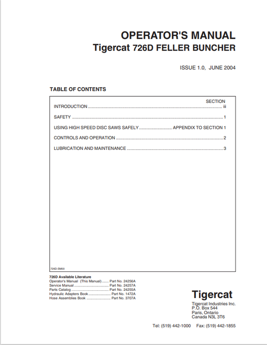 Tigercat 726D Feller Buncher Operator Manual 24256A