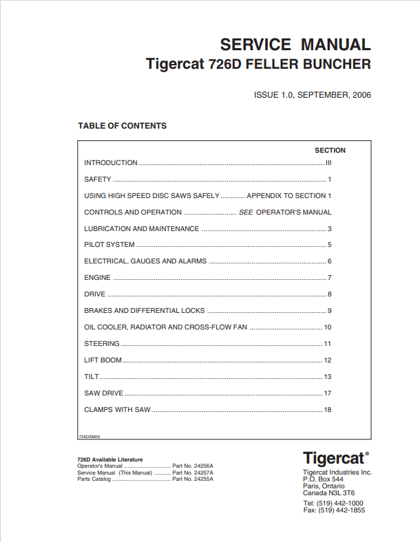 Tigercat 726D Feller Buncher Service Manual 24257A