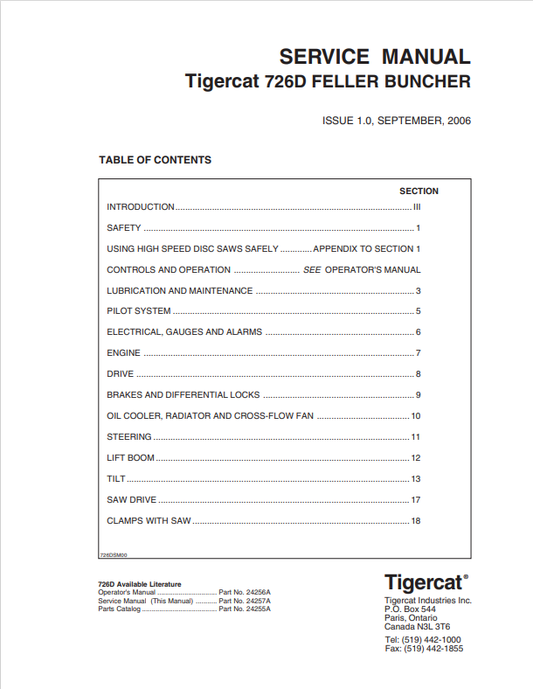 Tigercat 726D Feller Buncher Service Manual 24257A