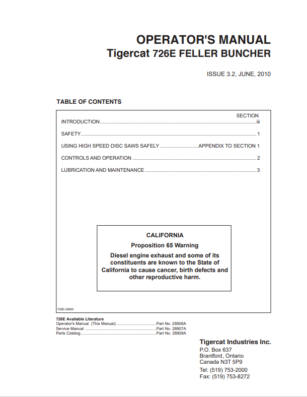 Tigercat 726E Feller Buncher Operator Manual 28906A 