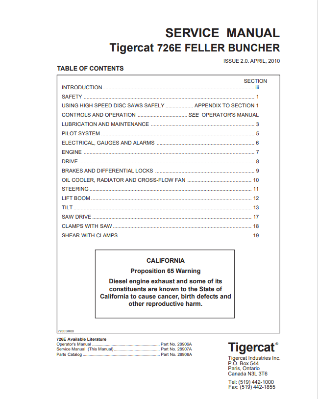 Tigercat 726E Feller Buncher Service Manual 28907A