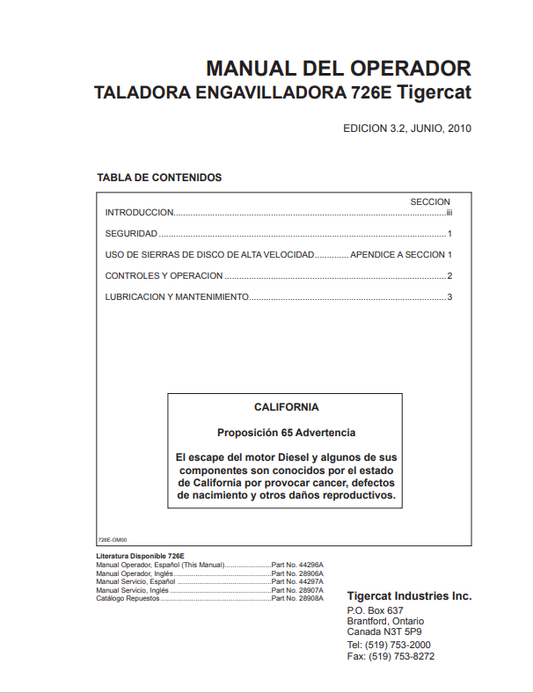 Tigercat 726E Felling Machine And Baler Operator Manual 44296A
