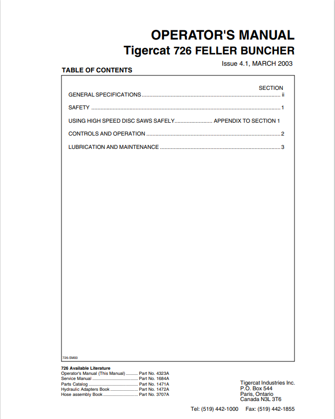 Tigercat 726 Feller Buncher Operator Manual 4323A
