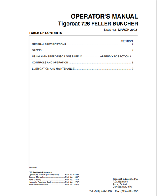 Tigercat 726 Feller Buncher Operator Manual 4323A