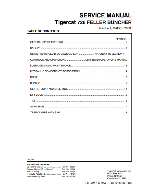 Tigercat 726 Feller Buncher Service Manual 1684A