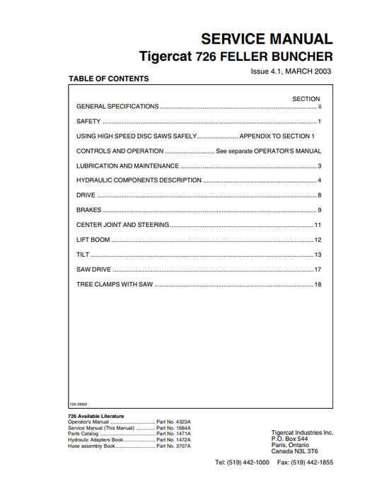 Tigercat 726 Feller Buncher Service Manual 1684A