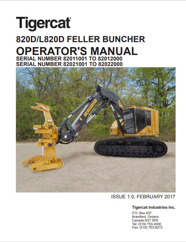 Tigercat 820D, L820D Feller Buncher Operator Manual 50669AENG