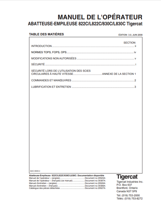 Tigercat 822C, L822C, 830C, L830C Feller-stacker Operator Manual 29525A