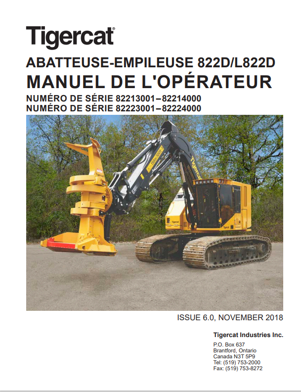 Tigercat 822D, L822D Feller-backer Operator Manual 44830AENG