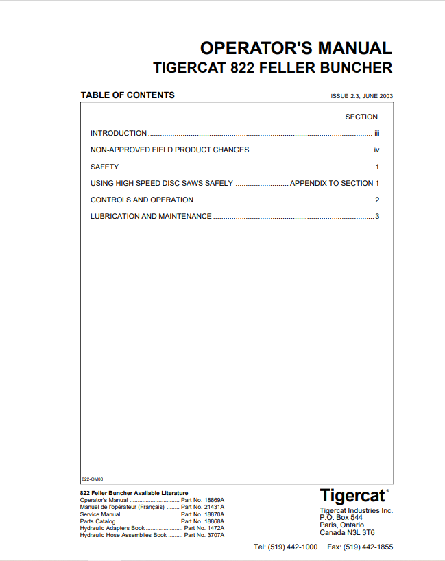 Tigercat 822 Feller Buncher Operator Manual 18869A