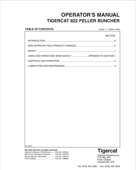Tigercat 822 Feller Buncher Operator Manual 24544A