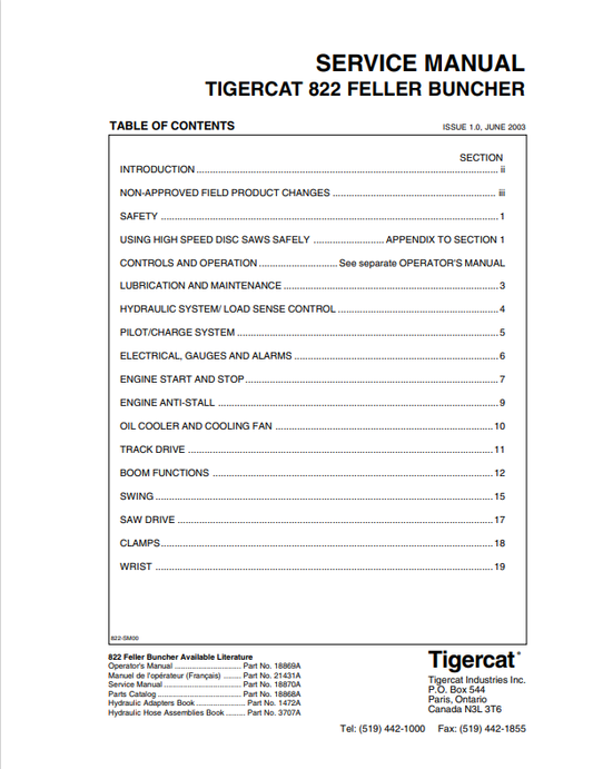 Tigercat 822 Feller Buncher Service Manual 18870A