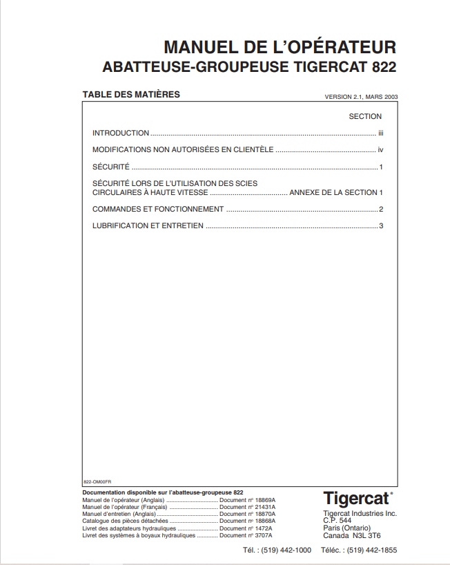 Tigercat 822 Felling And Bunching Machine Operator Manual 18869A