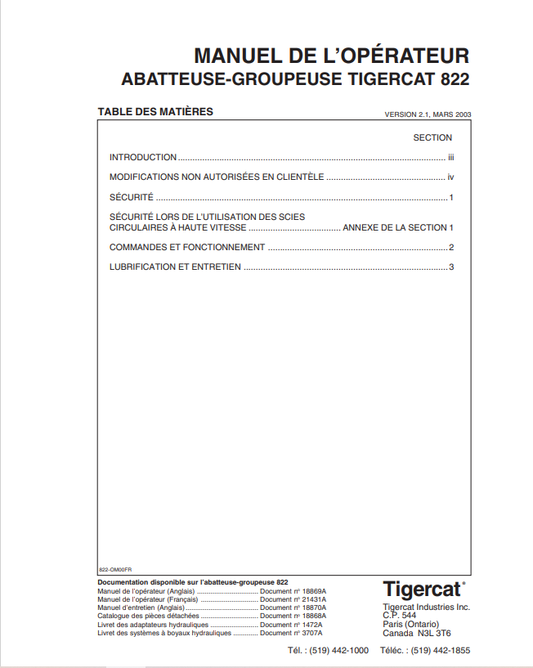 Tigercat 822 Felling And Bunching Machine Operator Manual 18869A