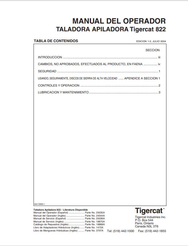 Tigercat 822 Felling Machine Stacker Operator Manual 25035A