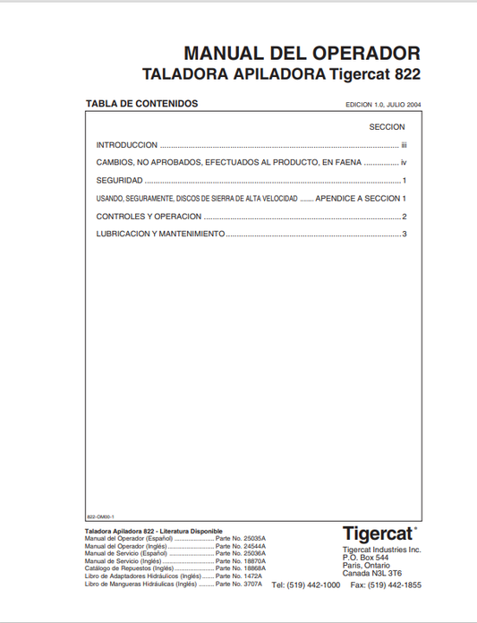Tigercat 822 Felling Machine Stacker Operator Manual 25035A