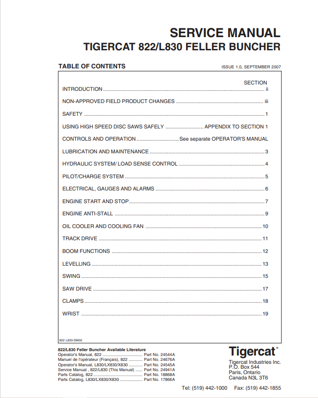Tigercat 822, L830 Feller Buncher Service Manual 24941A  