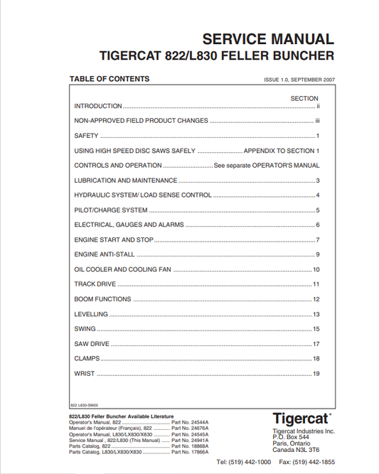 Tigercat 822, L830 Feller Buncher Service Manual 24941A  