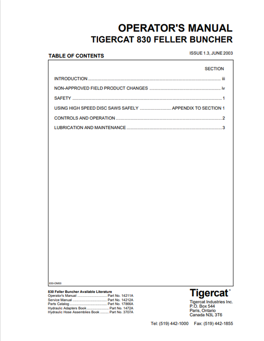 Tigercat 830 Feller Buncher Operator Manual 14211A