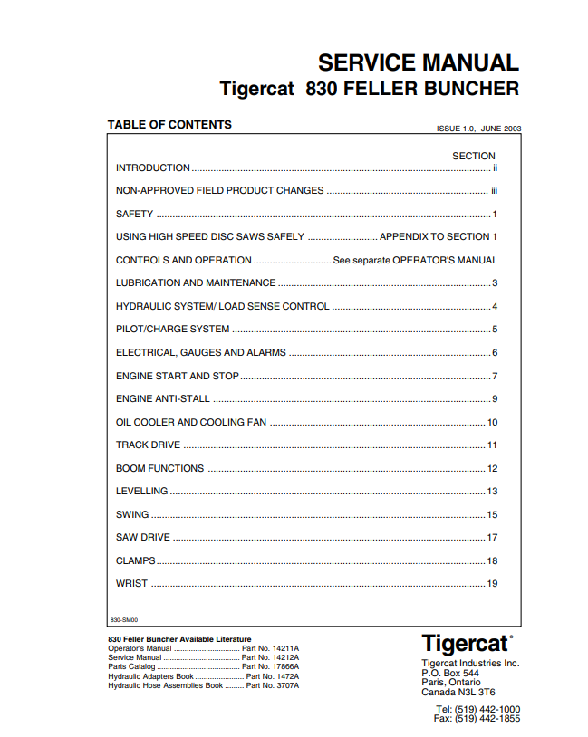 Tigercat 830 Feller Buncher Service Manual 14212A