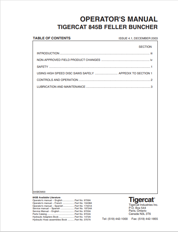 Tigercat 845B Feller Buncher Operator Manual 9726A