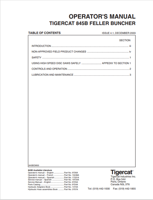 Tigercat 845B Feller Buncher Operator Manual 9726A