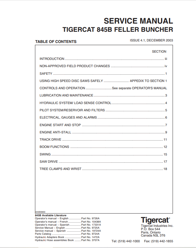 Tigercat 845B Feller Buncher Service Manual 9725A