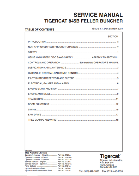 Tigercat 845B Feller Buncher Service Manual 9725A