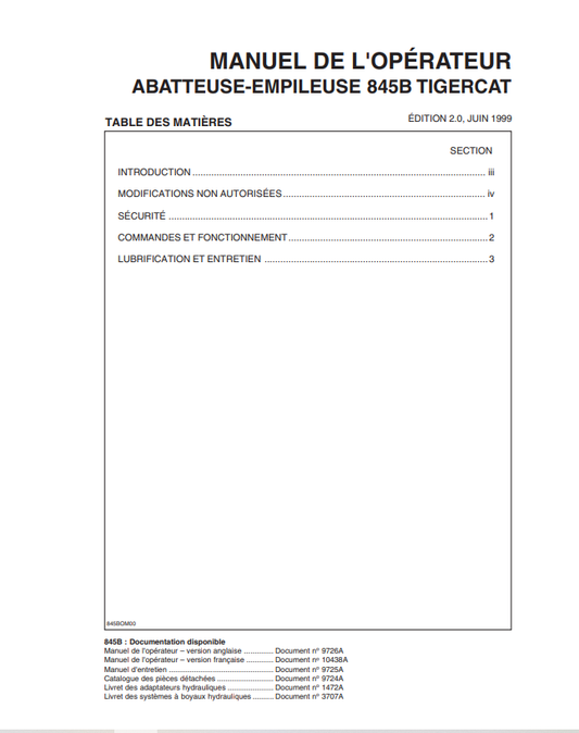 Tigercat 845B Felling And Stacking Machine Operator Manual 9726A
