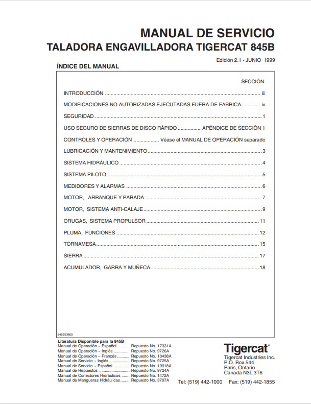 Tigercat 845B Tree Felling And Bundling Machine Service Manual 9725A
