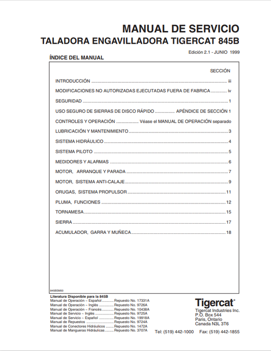 Tigercat 845B Tree Felling And Bundling Machine Service Manual 9725A