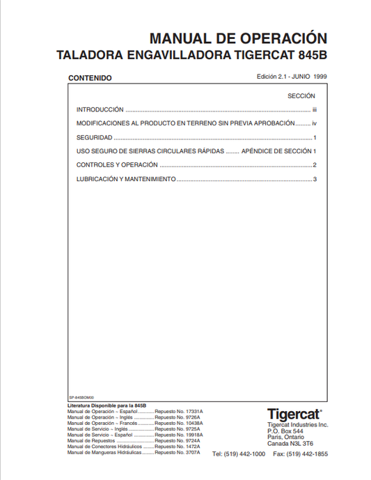 Tigercat 845B Tree Felling And Bundling Machine Operating Manual 17331A