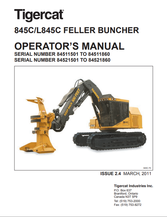 Tigercat 845C, L845C Feller Buncher Operator Manual 31379AENG