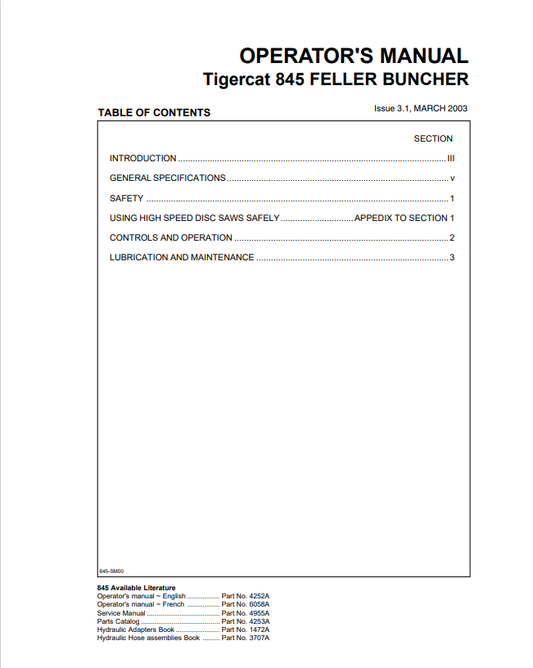Tigercat 845 Feller Buncher Operator Manual 4252A