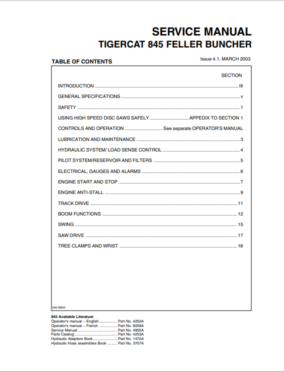 Tigercat 845 Feller Buncher Service Manual 4955A