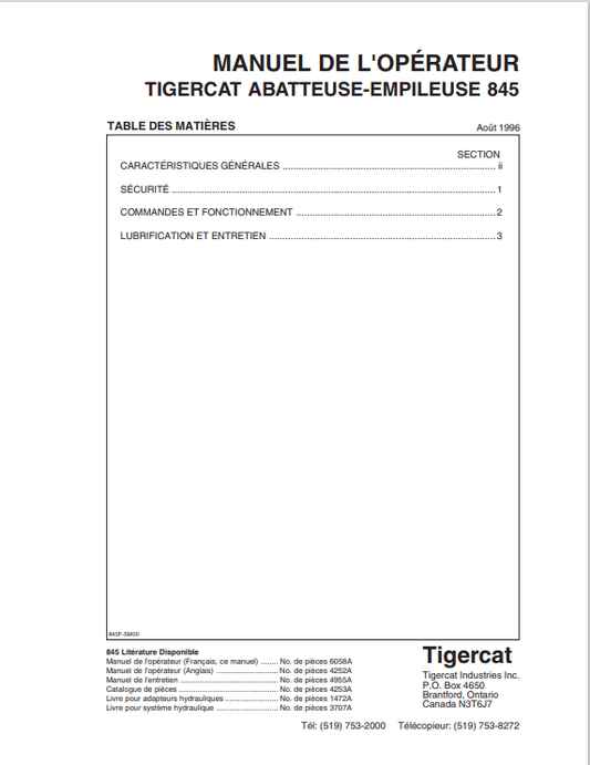Tigercat 845 Felling And Stacking Machine Operator Manual 6058A