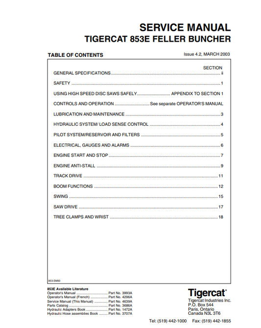 Tigercat 853E Feller Buncher Service Manual 4639A
