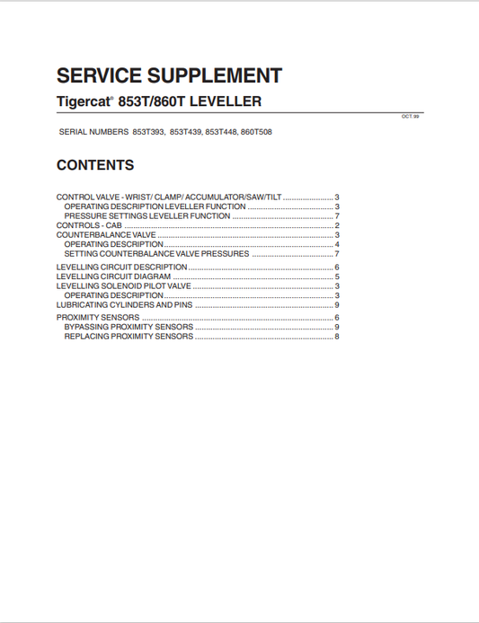 Tigercat 853T, 860T Leveller Service Supplement Manual
