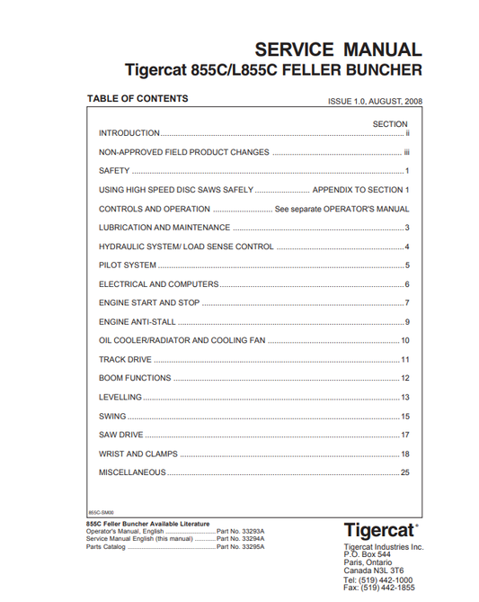 Tigercat 855C, L855C Feller Buncher Service manual 33294A
