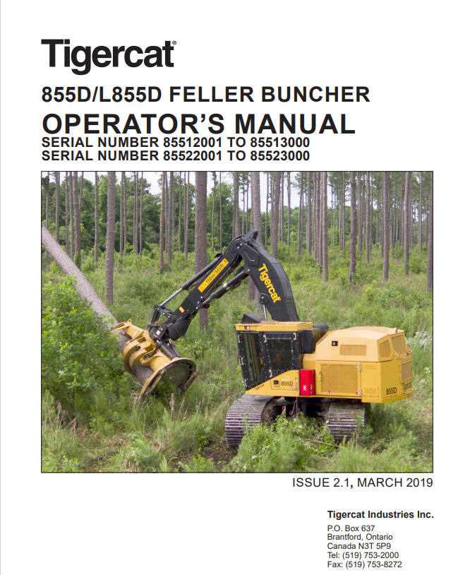 Tigercat 855D, L855D Feller Buncher Operator Manual 47654AENG
