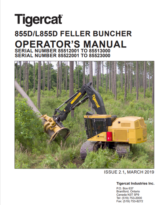 Tigercat 855D, L855D Feller Buncher Operator Manual 47654AENG
