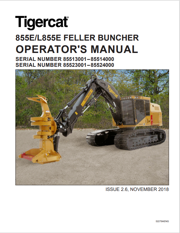 Tigercat 855E, L855E Feller Buncher Operator's Manual 52279AENG
