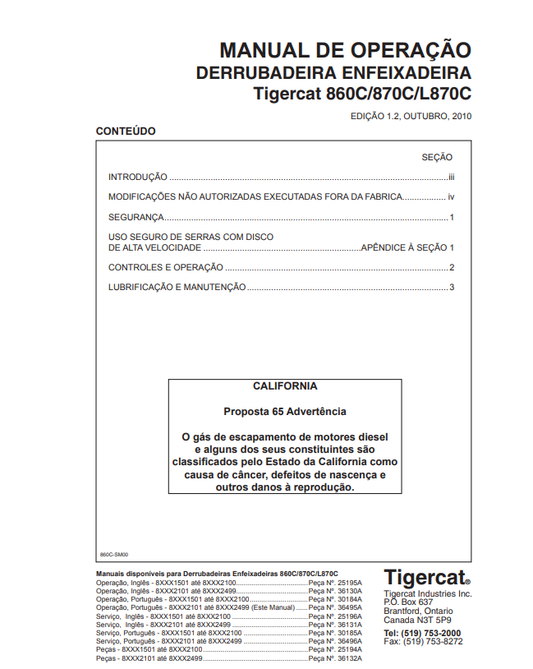 Tigercat 860C, 870C, L870C Falling Down Feixadeira Operating Manual 36130A
